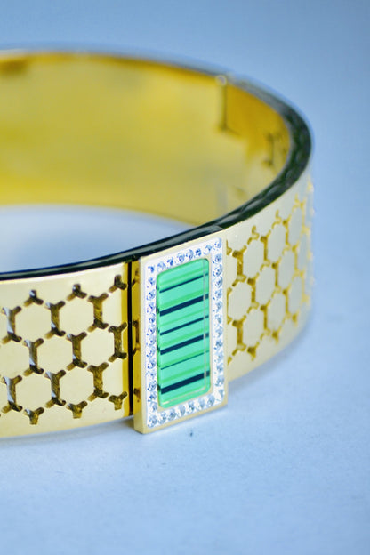 Emerald Honeycomb Gold Hand Cuff Bangle