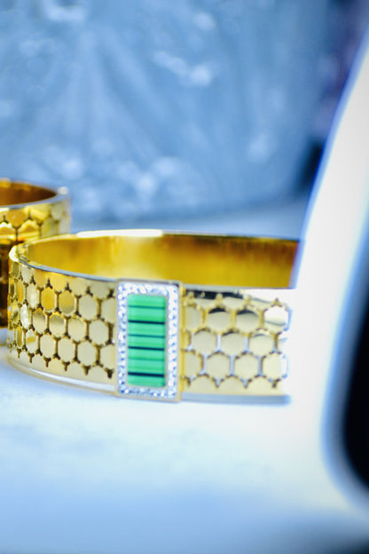 Emerald Honeycomb Gold Hand Cuff Bangle