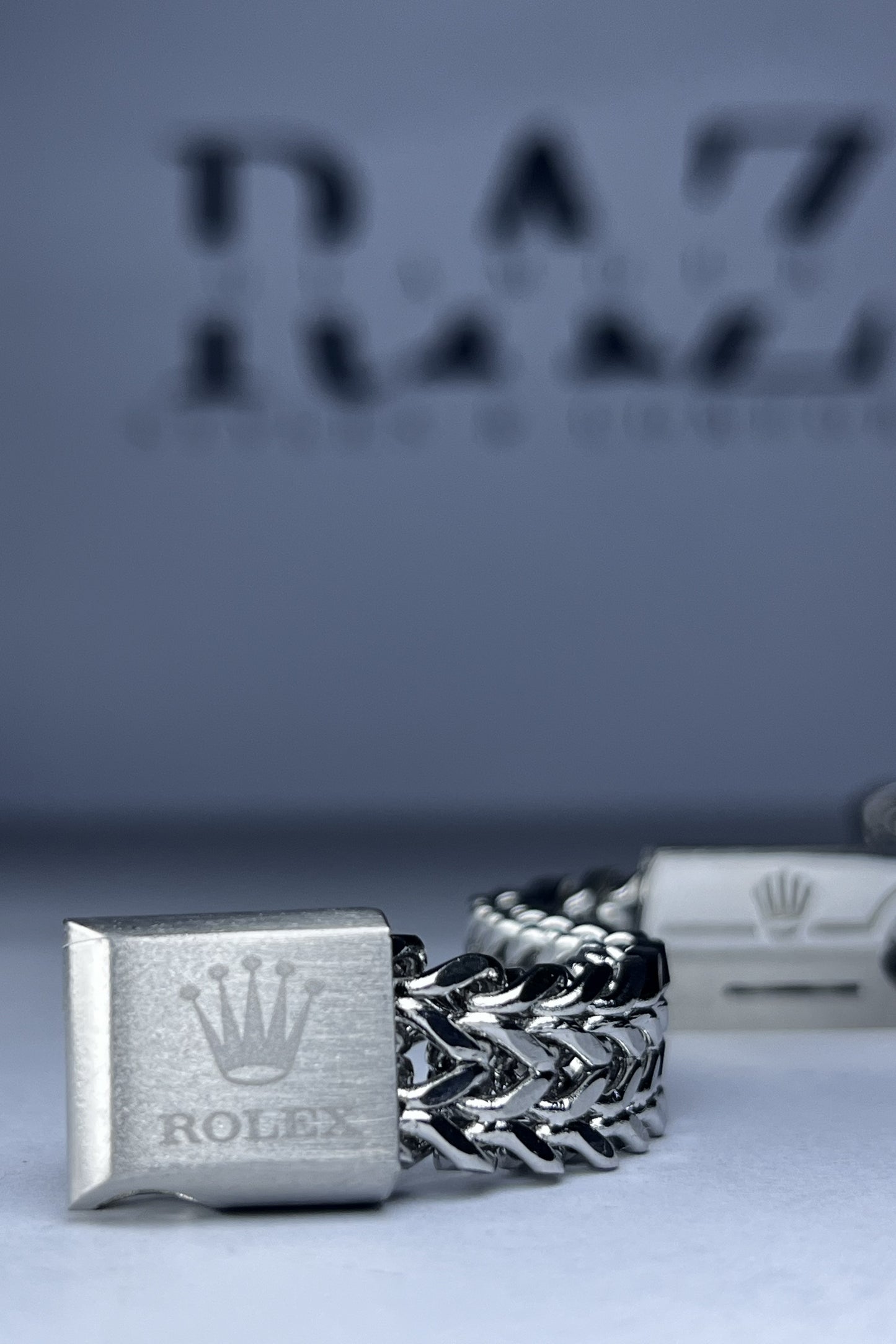 Silver-toned stainless steel Franco chain Rolex bracelet(for Men's)
