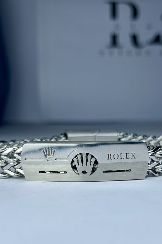 Silver-toned stainless steel Franco chain Rolex bracelet(for Men's)