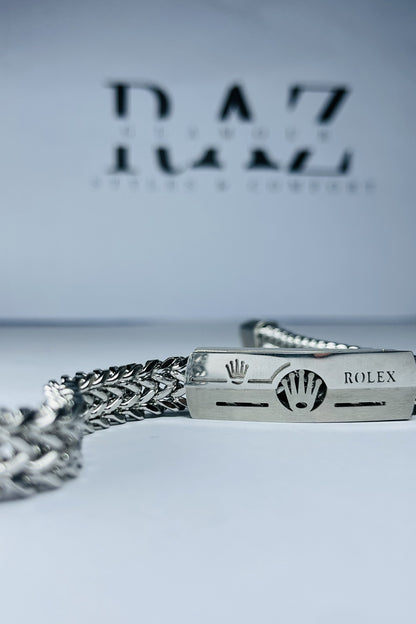 Silver-toned stainless steel Franco chain Rolex bracelet(for Men's)