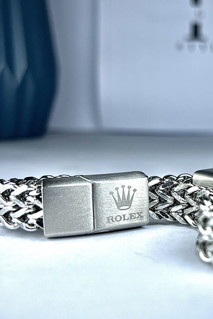 Silver-toned stainless steel Franco chain Rolex bracelet(for Men's)